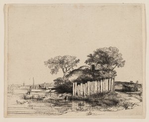 Egy kunyhó fehér sápadtsággal alkotó: Rembrandt van Rijn
