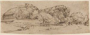Tájkép farmépületekkel a fák között alkotó: Rembrandt van Rijn