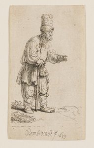 Magas sapkás paraszt, állva és botra támaszkodva alkotó: Rembrandt van Rijn