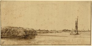Vitorlás hajó széles vízen, 1650 körül (toll, barna tinta és barna tus, színezett papíron) alkotó: Rembrandt van Rijn