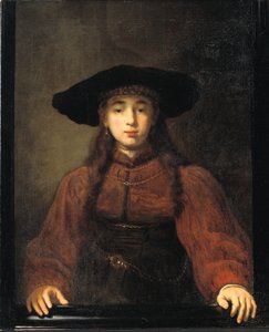 Egy fiatal nő a képkereten pihenteti a kezét alkotó: Rembrandt van Rijn