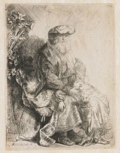 Ábrahám simogatja Izsákot Jacob Benjamint simogatja alkotó: Rembrandt van Rijn