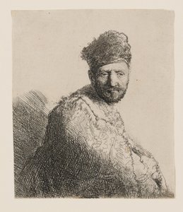 Szakállas férfi szőrös keleti sapkában és köntösben: félalakos alkotó: Rembrandt van Rijn