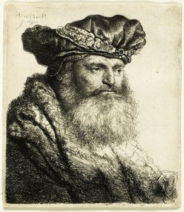Szakállas férfi bársonysapkában ékszercsattal alkotó: Rembrandt van Rijn