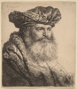 Szakállas férfi bársony sapkában, drágakővel díszített kapcsokkal alkotó: Rembrandt van Rijn