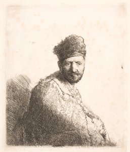 Szakállas férfi (Rembrandt apja) szőrme díszítésű keleti sapkában és köntösben: félalakos alkotó: Rembrandt van Rijn