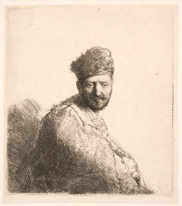 Szakállas férfi (Rembrandt apja) szőrme díszítésű keleti sapkában és köntösben: félalakos alkotó: Rembrandt van Rijn