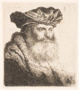 Szakállas férfi bársony sapkát visel ékszercsattal alkotó: Rembrandt van Rijn