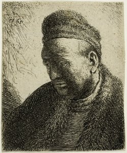 Szakállatlan férfi szőrmeköpennyel és sapkában: mell alkotó: Rembrandt van Rijn