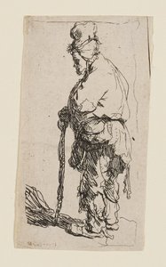 Botra támaszkodó, balra néző koldus alkotó: Rembrandt van Rijn