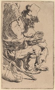 Koldus ül, és kezét melegíti egy dörzsölt edénynél alkotó: Rembrandt van Rijn