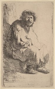 Egy padon ülő koldus alkotó: Rembrandt van Rijn