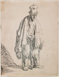 Magas sapkás koldus, aki egy botra támaszkodik alkotó: Rembrandt van Rijn