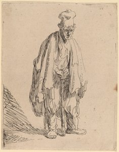 Koldus magas sapkában, állva és botra támaszkodva alkotó: Rembrandt van Rijn