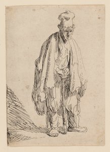 Koldus magas sapkában, áll és botra támaszkodik alkotó: Rembrandt van Rijn