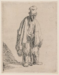 Koldus magas sapkában, állva, botra támaszkodva alkotó: Rembrandt van Rijn