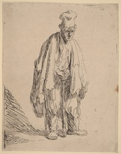 Koldus magas sapkában, állva, botra támaszkodva alkotó: Rembrandt van Rijn