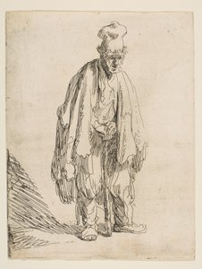 Koldus magas sapkában, állva és botra támaszkodva, kb. 1629. alkotó: Rembrandt van Rijn