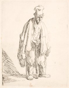 Magas sapkás koldus, aki állva egy botra támaszkodik alkotó: Rembrandt van Rijn
