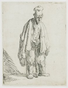 Magas sapkás koldus, aki állva egy botra támaszkodik alkotó: Rembrandt van Rijn