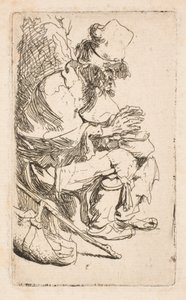 Egy koldus ül, és egy melegítőedény mellett melegíti a kezét alkotó: Rembrandt van Rijn