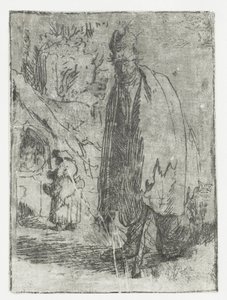 Koldus egy kunyhóval és két alakkal a háttérben alkotó: Rembrandt van Rijn