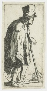 Koldus, összeszorított kézzel, botra támaszkodva alkotó: Rembrandt van Rijn