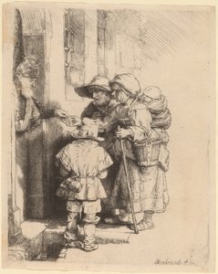 Koldusok alamizsnát kapnak egy ház ajtajában alkotó: Rembrandt van Rijn