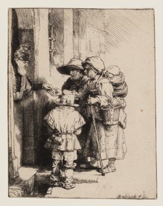 Koldusok alamizsnát kapnak egy ház ajtajában alkotó: Rembrandt van Rijn