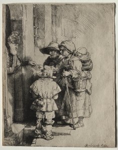 Koldusok alamizsnát kapnak egy ház ajtajában alkotó: Rembrandt van Rijn