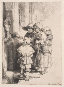 Koldusok, akik egy ház ajtajánál alamizsnát kapnak alkotó: Rembrandt van Rijn