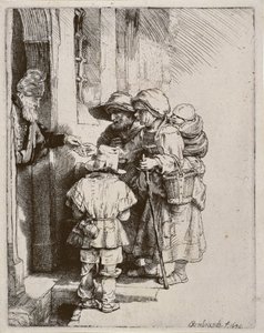 A koldusok alamizsnát kapnak egy ház ajtajában, 1648 (szárazpontos metszet)