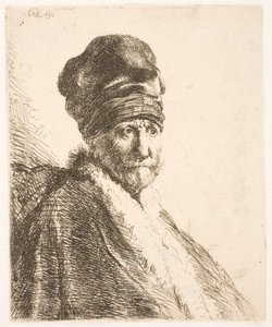 Magas sapkát viselő férfi (Rembrandt apja) mellszobra, háromnegyed profilból alkotó: Rembrandt van Rijn
