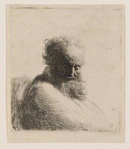 Egy idős, szakállas férfi mellszobra, aki lefelé tekint, háromnegyed profilból jobbra alkotó: Rembrandt van Rijn