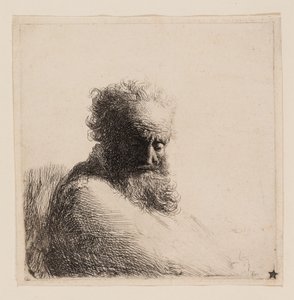 Egy öreg szakállas férfi mellszobra, lefelé nézve, háromnegyed jobbra alkotó: Rembrandt van Rijn
