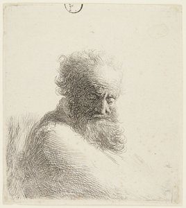 Egy idős férfi mellszobra, lefelé tekintve, háromnegyed profilból jobbra alkotó: Rembrandt van Rijn