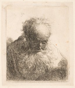 Hosszú szakállú idős férfi mellszobra: előre hajtott fejjel: a bal váll nem árnyékolt alkotó: Rembrandt van Rijn