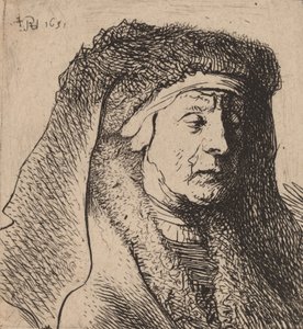 Egy öregasszony mellszobra bundás köpenyben és vastag fejdíszben, 1631. alkotó: Rembrandt van Rijn