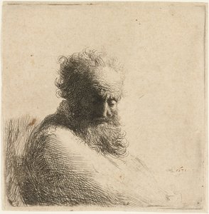 Egy öreg, szakállas férfi mellszobra, lenézve, háromnegyed jobbra, 1631. alkotó: Rembrandt van Rijn