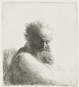 Egy öreg szakállas férfi mellszobra, lenéz, háromnegyed jobbra alkotó: Rembrandt van Rijn