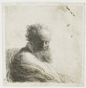 Egy öreg szakállas férfi mellszobra, lenéz, háromnegyed jobbra alkotó: Rembrandt van Rijn