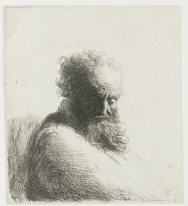 Egy öreg szakállas férfi mellszobra, lenéz, háromnegyed jobbra alkotó: Rembrandt van Rijn