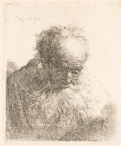 Egy hosszú szakállú idős férfi mellszobra: a feje előre hajlik; a bal váll nem árnyékolt alkotó: Rembrandt van Rijn