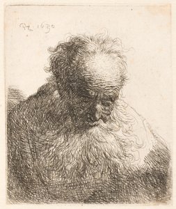 Egy hosszú szakállú idős férfi mellszobra: a feje előre hajlik; a bal váll nem árnyékolt alkotó: Rembrandt van Rijn