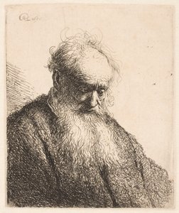 Hosszú szakállú idős férfi mellszobra: a fej háromnegyedre jobbra hajlik alkotó: Rembrandt van Rijn