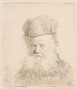 Egy öregember mellszobra, szőrme sapkával és lobogó szakállal: szinte teljes arcnézet: a tekintete egyenesen előre irányul alkotó: Rembrandt van Rijn