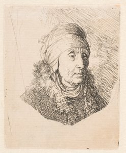 Egy idős asszony mellszobra, magas fejdíszben, amelyet az álláig kötöttek alkotó: Rembrandt van Rijn