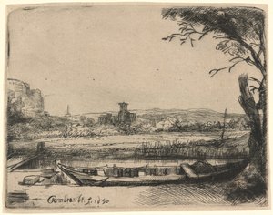 Csatorna egy nagy csónakkal és híddal alkotó: Rembrandt van Rijn