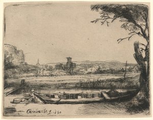 Csatorna egy nagy hajóval és híddal alkotó: Rembrandt van Rijn