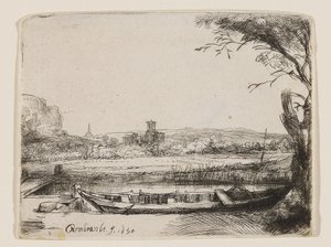 Csatorna egy nagy hajóval és híddal alkotó: Rembrandt van Rijn